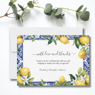 Lemons Blue White Tile Mediterranean Wedding Thank You Card