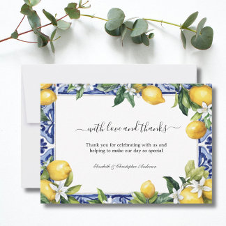 Lemons Blue White Tile Mediterranean Wedding Thank You Card