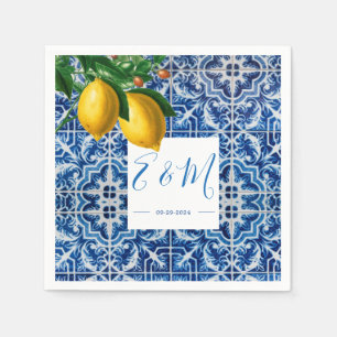 Lemons Blue White Tile  Summer Monogram Napkin