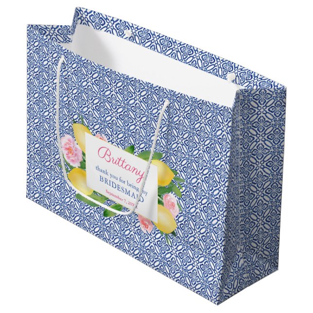 Lemons Blue White Tiles Maid Of Honour Thank You Large Gift Bag (Front Angled)