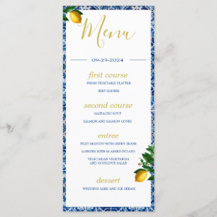 Lemons Blue White Tiles Summer Monogram Menu