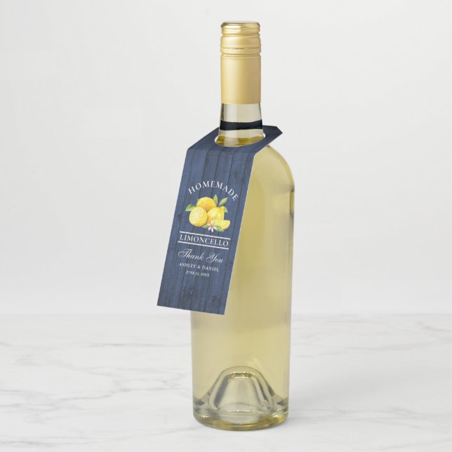 Lemons Blue Wood Limoncello Thank You Bottle Tag (Angled)
