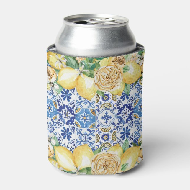 Lemons Blue Yellow Mosaic Mediterranean Tiles Can Cooler (Can Front)