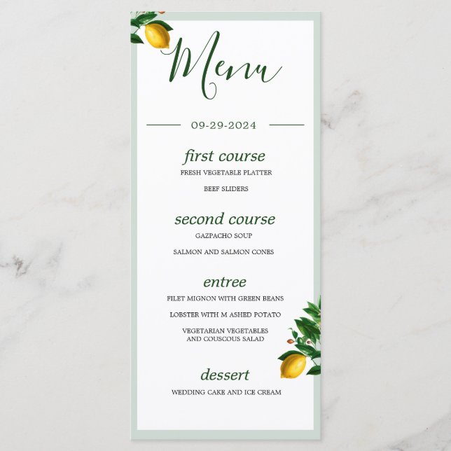 Lemons Botanical Green Summer Monogram Menu (Front)