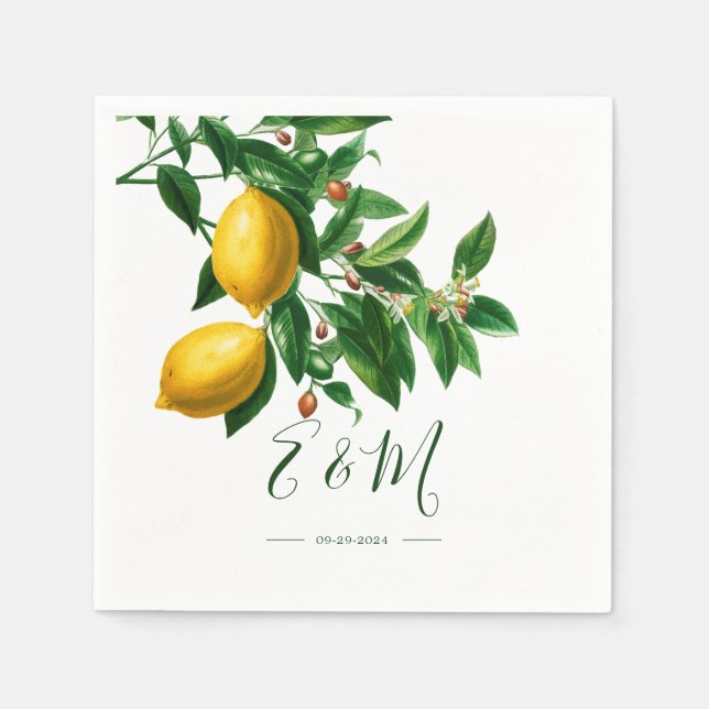 Lemons Botanical Green White Summer Monogram Napkin (Front)