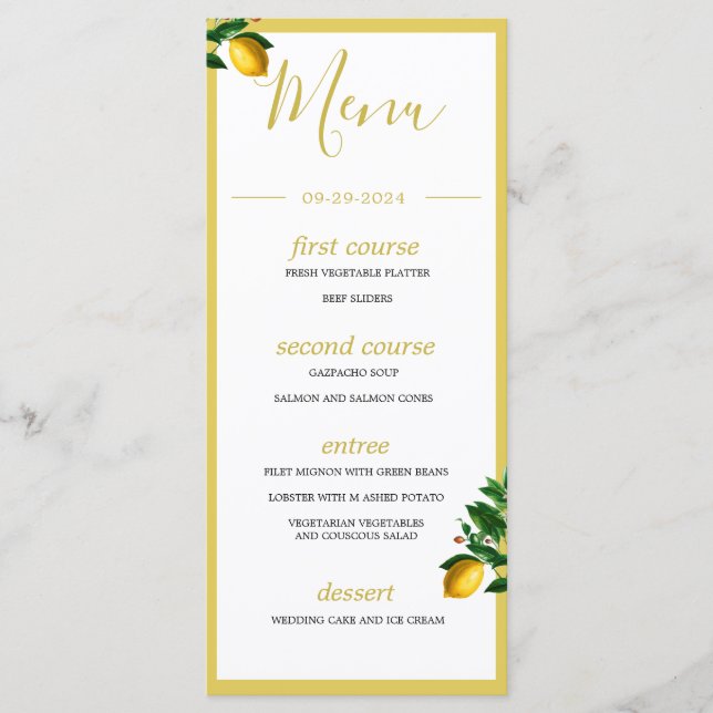 Lemons Botanical Green Yellow Summer Monogram Menu (Front)