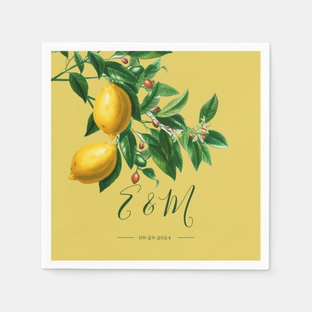Lemons Botanical Green Yellow Summer Monogram Napkin (Front)