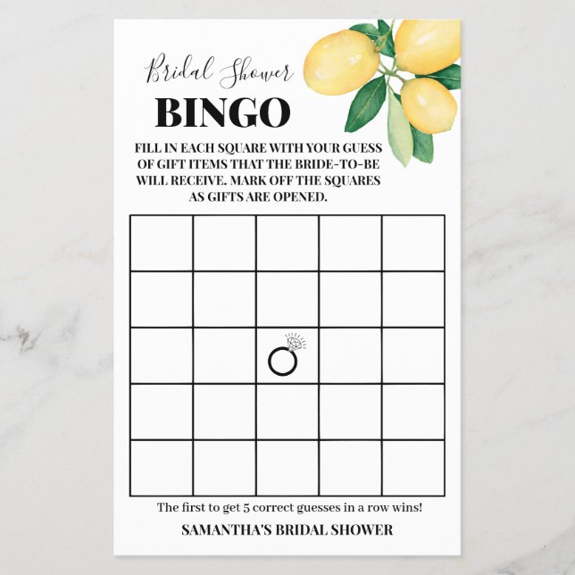 Lemons Bridal Shower Bingo Game Card (Front)