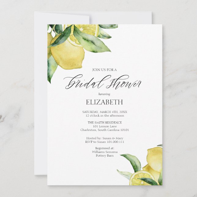 Lemons Bridal Shower Invitation Watercolor (Front)