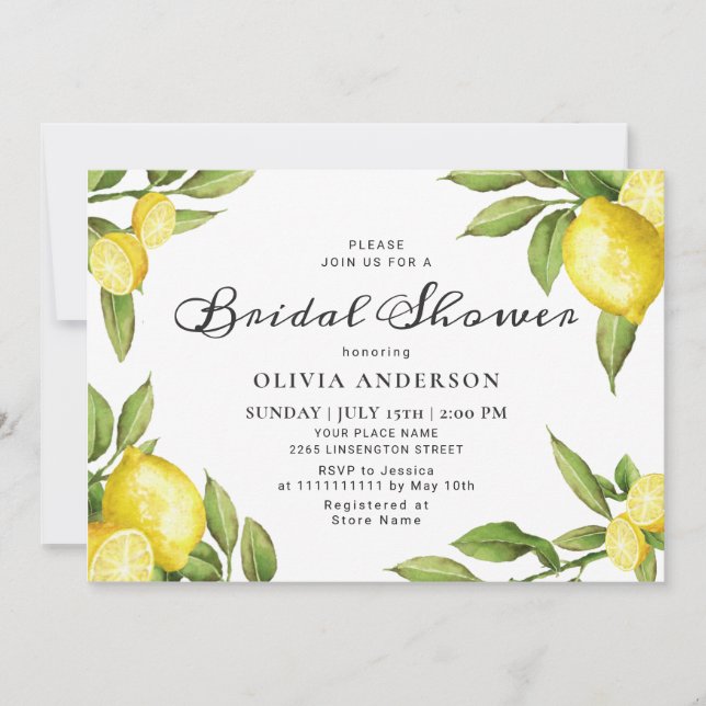Lemons Chic Greenery  Watercolor Bridal Shower Invitation (Front)