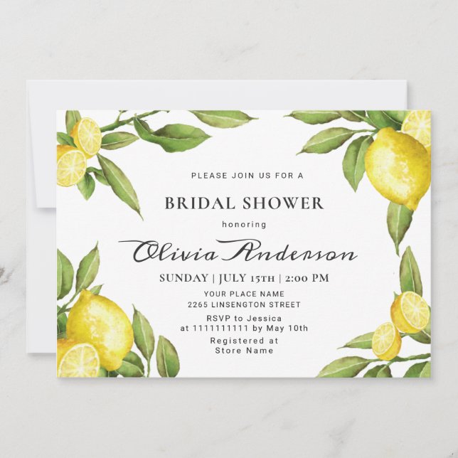 Lemons Chic Greenery  Watercolor Bridal Shower Invitation (Front)