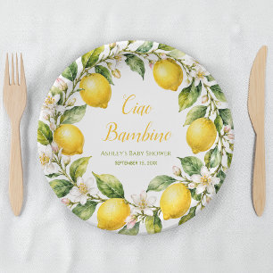Lemons Ciao Bambino Watercolor Script Baby Shower Paper Plate