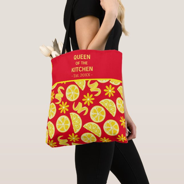 lemons citrus lemonade chef cute yellow red tote bag (Close Up)