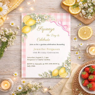 Lemons citrus pink gingham summer garden birthday invitation