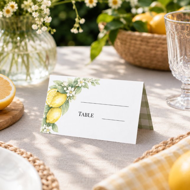 Lemons citrus sage green gingham place card (Creator Uploaded)