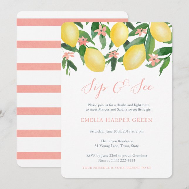 Lemons Citrus Sip and See Meet Baby Girl Party Invitation (Front/Back)