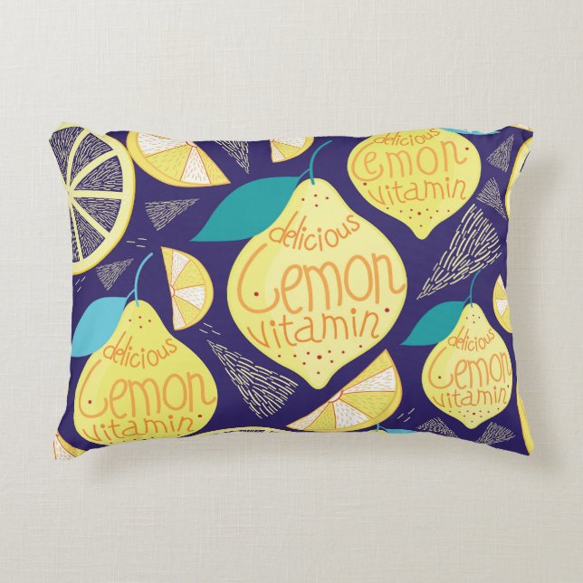 Lemons Cloves: Dark Blue Bright Pattern Decorative Cushion (Front)