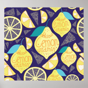 Lemons Cloves: Dark Blue Bright Pattern Poster