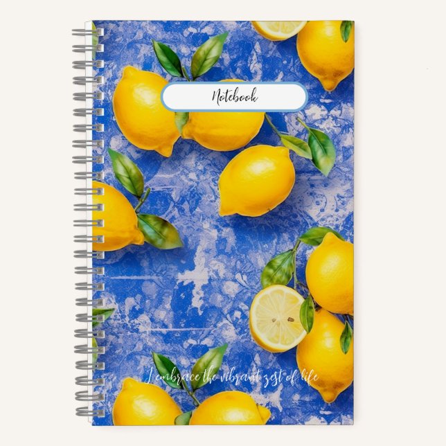Lemons Dancing on Blue Antique Tiles  Notebook (Front)