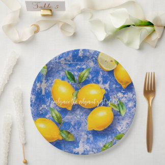 Lemons Dancing on Blue Antique Tiles  Paper Plate