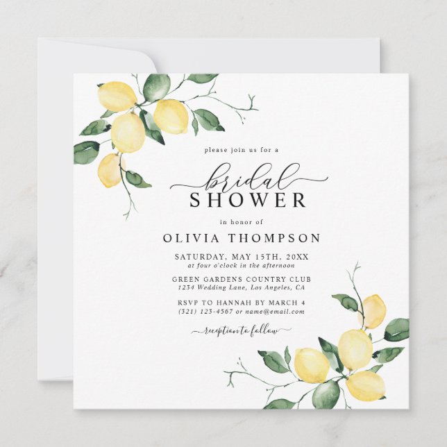 Lemons Elegant Watercolor Bridal Shower Invitation (Front)