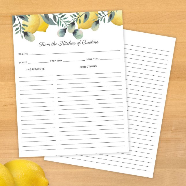 Lemons & Eucalyptus Recipe Card Binder Insert (Creator Uploaded)