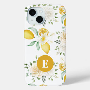 lemons Eucalyptus Soft Blush Roses Monogram iPhone 15 Case