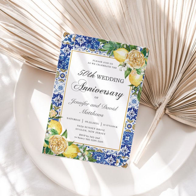 Lemons Floral Blue Tiles 50th Wedding Anniversary Invitation (Creator Uploaded)