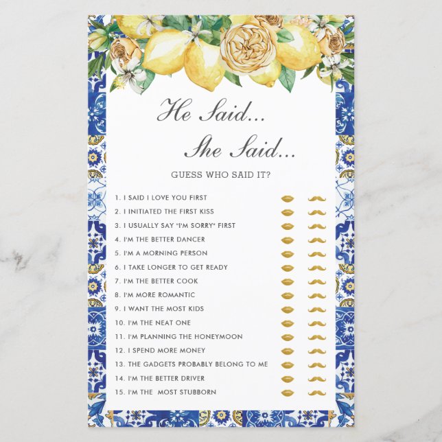 Lemons Floral Bridal Shower He Said She Said Game (Front)