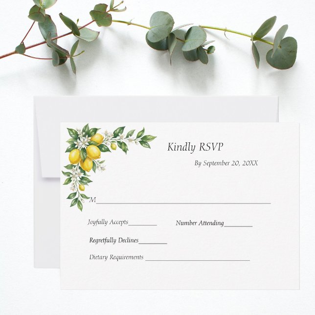 Lemons Floral Greenery Traditional Formal Wedding RSVP Card (Lemons White Florals Citrus Mediterranean Wedding RSVP card)