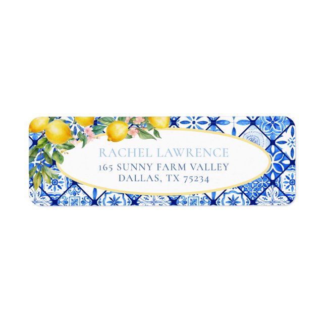 Lemons Floral Italian Blue Tile Return Address (Front)