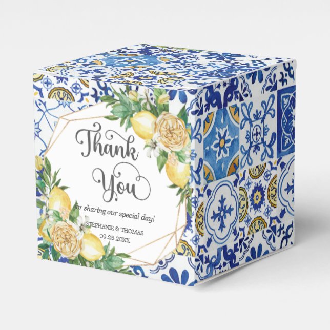 Lemons Floral Meditteranean Mosaic Tiles Wedding  Favour Box (Front Side)