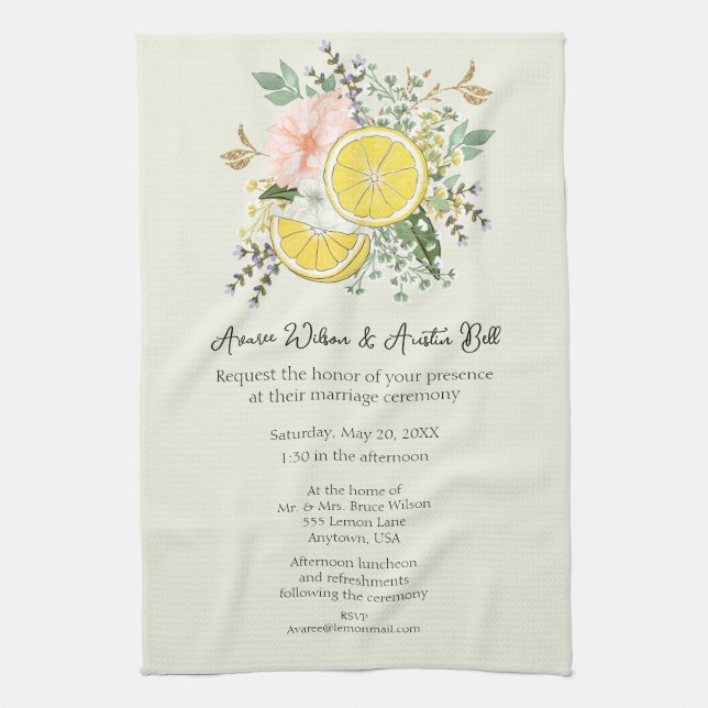 Lemons Flowers and Greenery Wedding Invitation Tea Towel (Vertical)