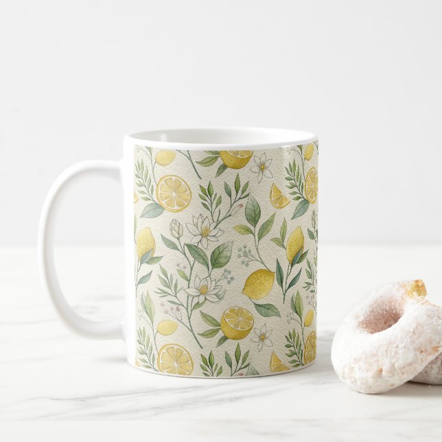Lemons & Flowers Pattern Coffee Mug (With Donut)