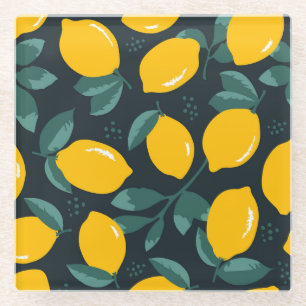 Lemons Flowers, Vintage Summer Texture. Glass Coaster