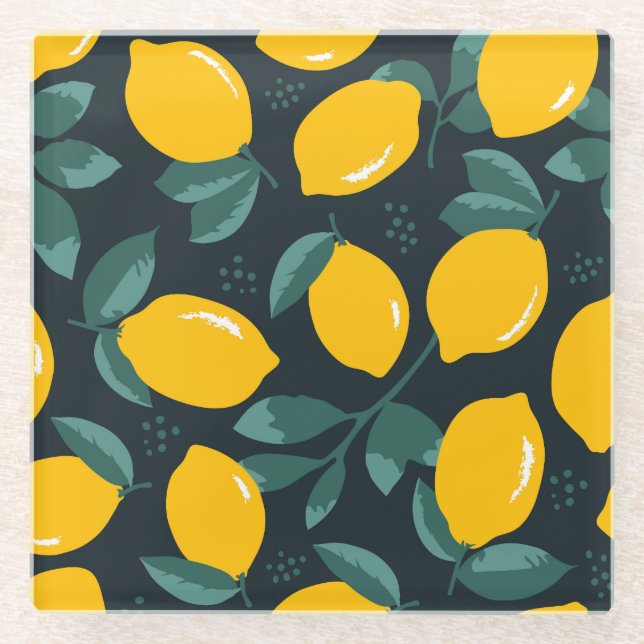 Lemons Flowers, Vintage Summer Texture. Glass Coaster (Front)