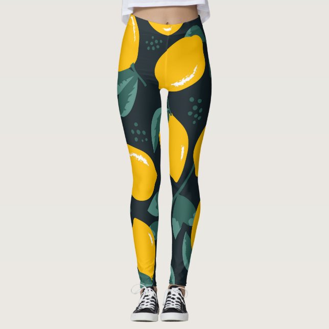 Lemons Flowers, Vintage Summer Texture. Leggings (Front)