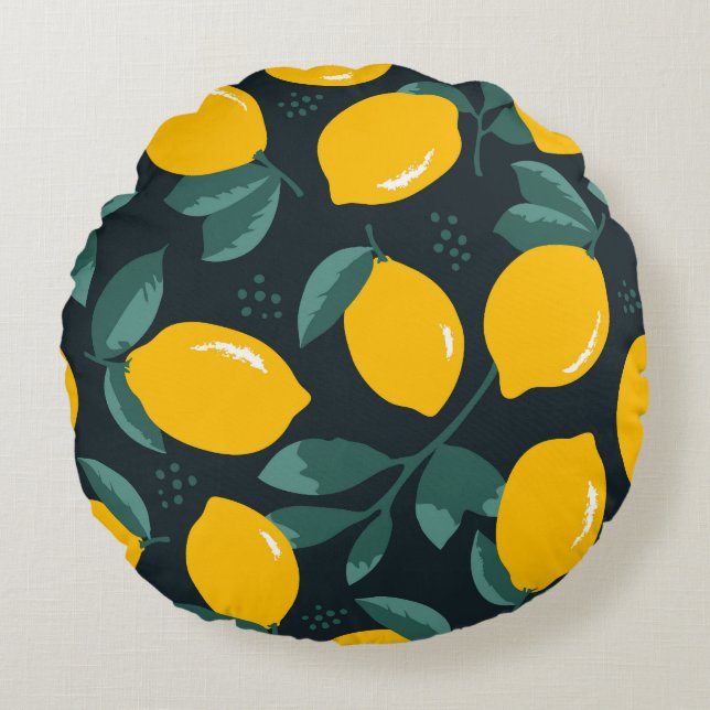 Lemons Flowers, Vintage Summer Texture. Round Cushion (Front)