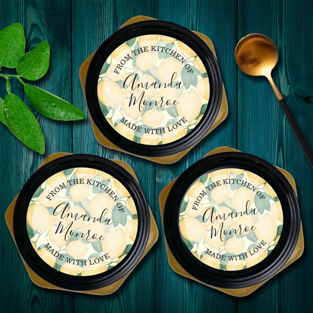Lemons FROM THE KITCHEN Classic Round Sticker (Lemons and leaves personalized From the Kitchen of" round stickers)