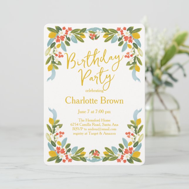 Lemons Garland Birthday Invitation (Standing Front)