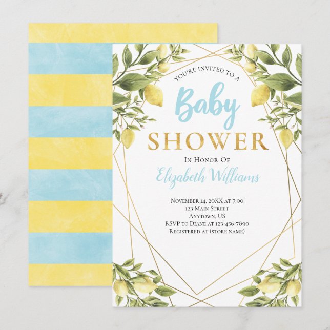 Lemons Geometric Frame Blue Boy Baby Shower Invitation (Front/Back)