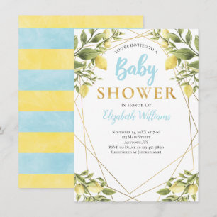 Lemons Geometric Frame Blue Boy Baby Shower Invitation