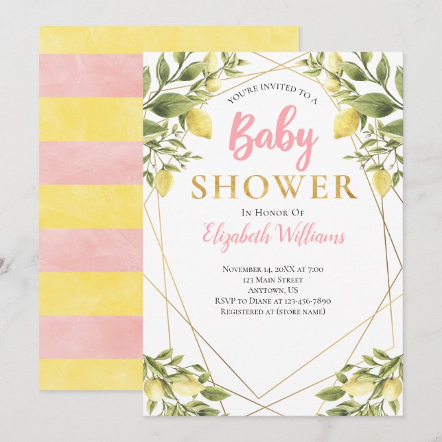 Lemons Geometric Frame Pink Girl Baby Shower Invitation (Front/Back)
