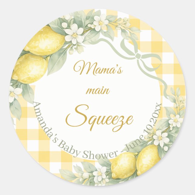 Lemons gingham mama's main squeeze Baby Shower Classic Round Sticker (Front)