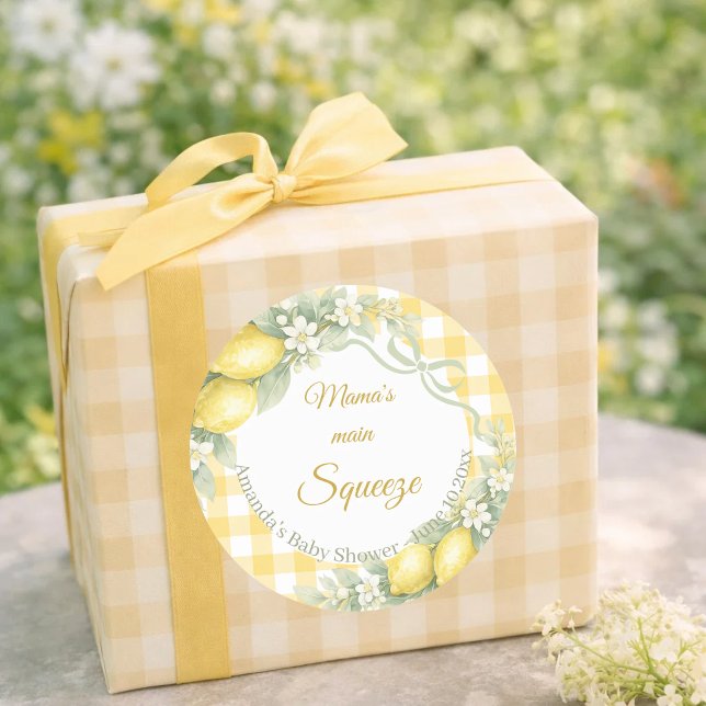 Lemons gingham mama's main squeeze Baby Shower Classic Round Sticker (Creator Uploaded)