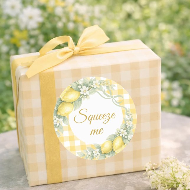 Lemons gingham squeeze me party favour classic round sticker (Creator Uploaded)