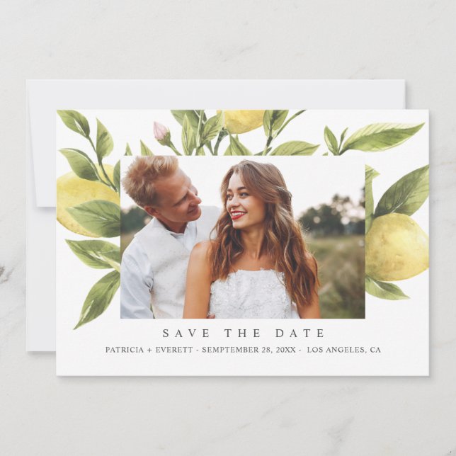 Lemons  Green Boho Wedding Photo save the date Announcement (Front)