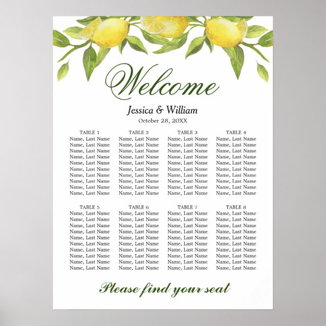 Lemons & Greenery 8 Tables Wedding SEATING CHART (Front)