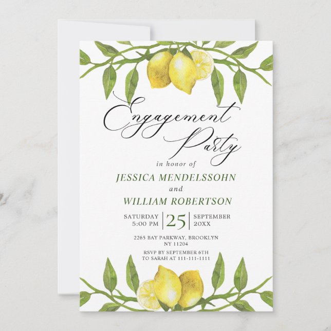 Lemons Greenery Blossom Engagement Party Invitation (Front)