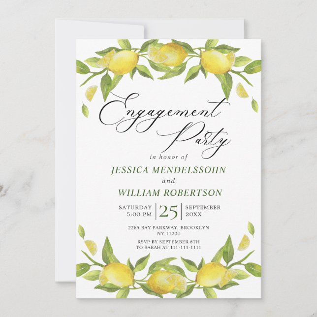 Lemons Greenery Blossom Engagement Party Invitation (Front)